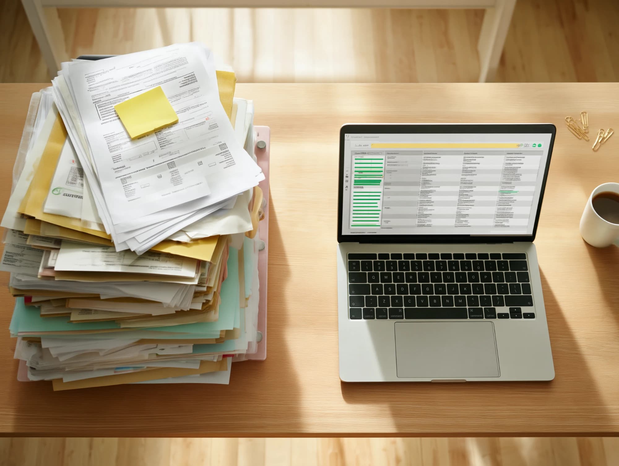 Una pila di documenti e pratiche su una scrivania accanto a un laptop che mostra gli stessi dati ordinati in una tabella